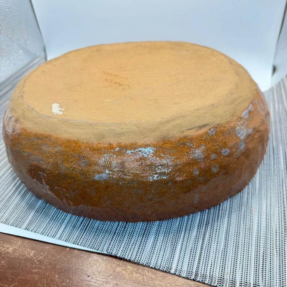 Signed Studio Pottery Terracotta Bowl Handcrafted Rustic Organic 12 inch Brown